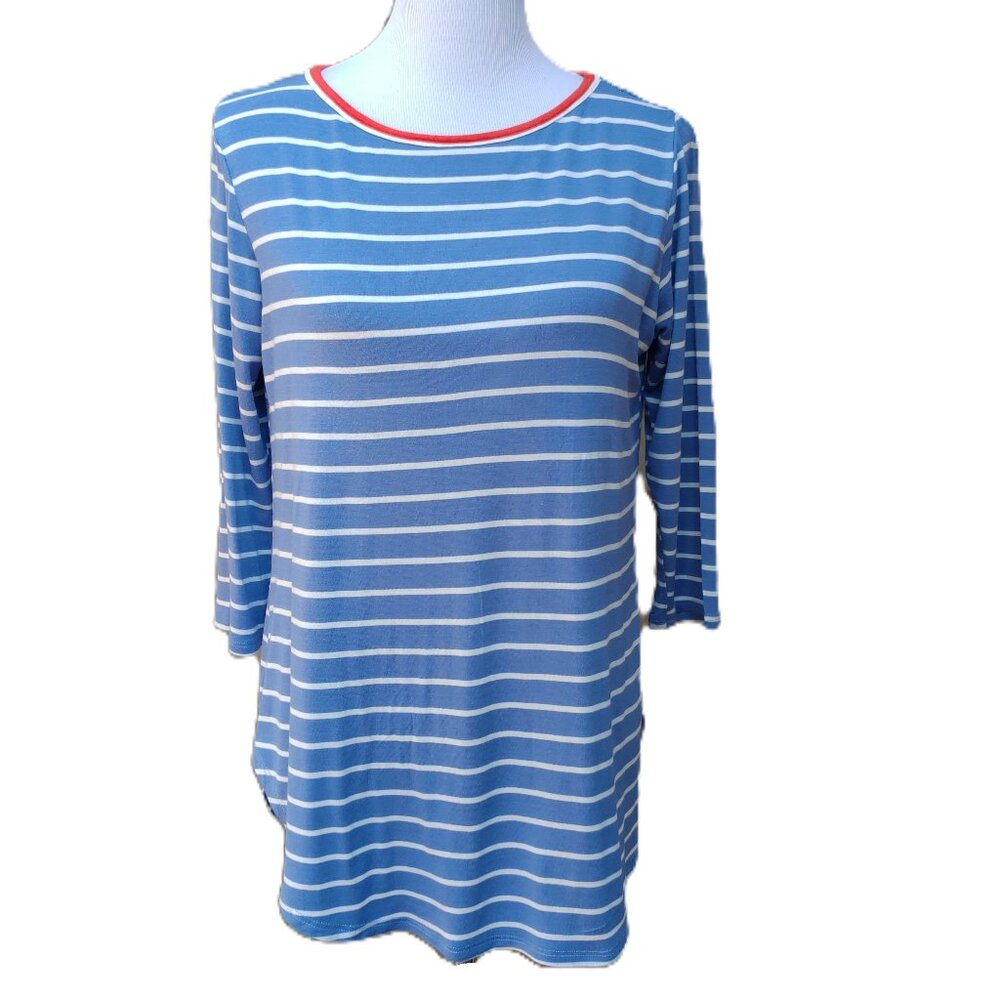 a.gain Blue Striped 3/4 Sleeve Top Jersey Knit Red Trim Neckline Stretch